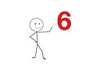 Strichfigur zeigt auf eine grosse rote Zahl Sechs, symbolisiert Nummer sechs.